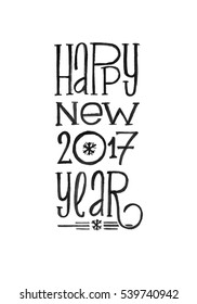 Happy New Year Retro Vector Poster. Black and White Monochrome Design. Ink Hand Drawn Calligraphy Template for Winter Holidays