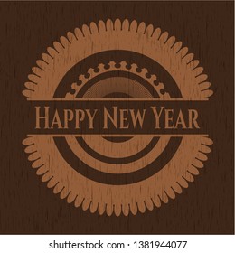 Happy New Year retro wood emblem. Vector Illustration.