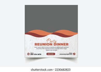 Happy new year reunion dinner party social media post, Food social media post template, Food menu banner social media post. Editable social media templates for promotions on the Food menu.