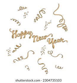 Happy New Year ribbon text confetti vector clip-art set isolated on white. Winter holidays illustration collection. Hand drawn festive seasonal design elements.