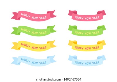 Happy New Year ribbons vector illustrations with typography set. Color badges on white background. Education holiday colorful strips with calligraphy flat clipart
