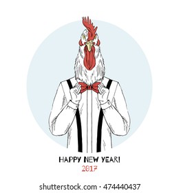 Happy New Year rooster, anthropomorphic illustration, holidays character