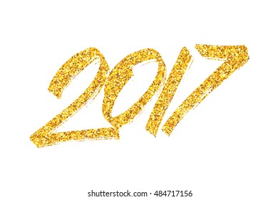 Happy New Year of the Rooster greeting card design template with gold glittering texture and chinese calligraphy text 2017 isolated on white background. Vector illustration with typography