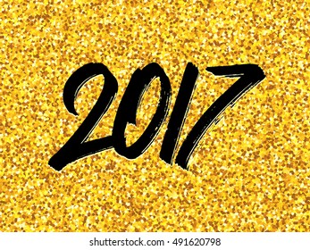 Happy New Year of the Rooster greeting card design template with gold glittering texture on background and black hand lettering text 2017. Vector illustration for winter holidays with typography
