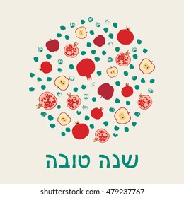 Happy New Year. Rosh Hashana abstract vector background. Jewish holiday and greetings. Grunge Hebrew lettering. Exotic fruits texture. Card template.