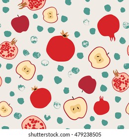 Happy New Year. Rosh Hashana abstract vector background. Jewish holiday and greetings. Red watercolor pomegranate and apples seamless pattern