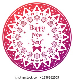 Happy new year round card mandala with Christmas attributes. Red and purple gradient color. Banner for new year celebration. Snowflakes, bells and bow.