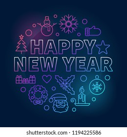 Happy New Year round colorful vector concept linear illustration - modern greeting card in thin line style