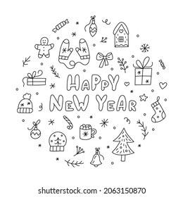 Happy New Year round composition. Winter celebrate decoration. Doodle style. Vector illustration.