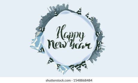 Happy New Year, round greeting card with silhouette of the planet, pines, drifts, mountain and city,