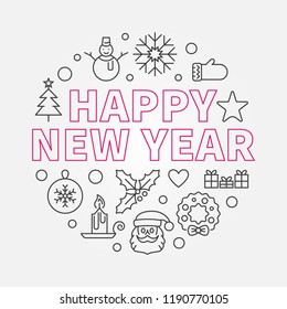 Happy New Year round vector concept outline illustration. Modern greeting card in thin line style