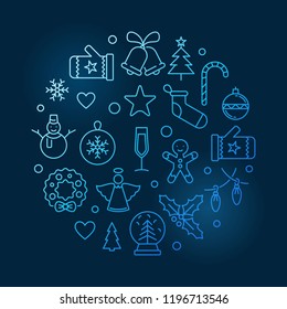 Happy New Year round vector blue illustration or greeting card in outline style