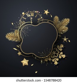 Happy New Year rounded greeting card template with golden shiny snowflakes, clock and fireworks. Vector Illustration.