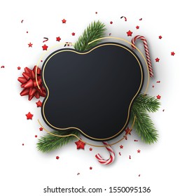 Happy New Year rounded greeting card template with red stars and fir branches. Vector Illustration.