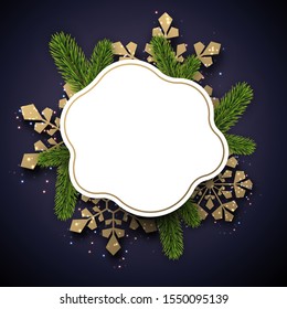 Frohes Silvester-Grußkartenvorlage mit goldglänzenden Schneeflocken und Tannenzweigen. Vektorgrafik.