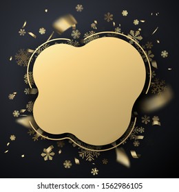 Happy New Year rounded greeting card template with golden shiny snowflakes and confetti. Vector Illustration.