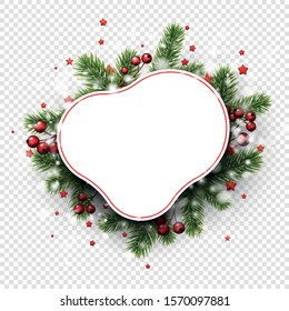 Happy New Year rounded greeting card template with red stars and fir branches. Vector Illustration.