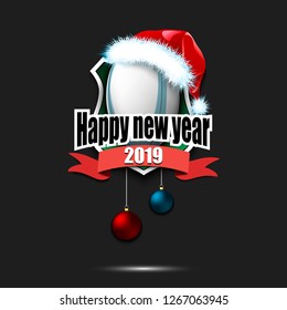 Happy new year. Rugby logo template design. Rugby ball with santa hat. Pattern for banner, poster, greeting card, party invitation. Vector illustration