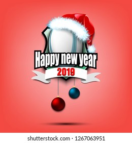 Happy new year. Rugby logo template design. Rugby ball with santa hat. Pattern for banner, poster, greeting card, party invitation. Vector illustration