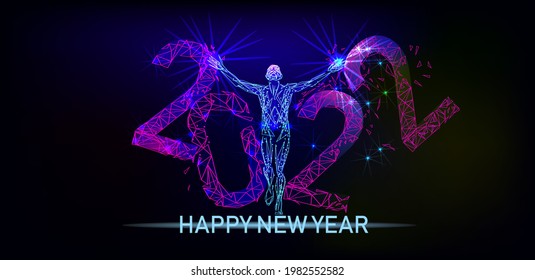 Happy New Year, Running man breaks the inscription 2022. Vector drawn by color lines. Minimal cover design. Low poly vector illustration template brochures, flyers, presentations, print, leaflet