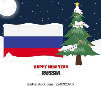 Happy new year in Russia with Christmas tree and snow, banner or content design idea, Russia flag with pine tree, new year celebration idea, sky with full moon and stars, vector design
