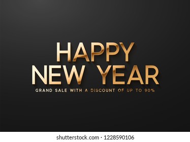 Happy New Year Sale. Banner, poster, logo golden color on black background.