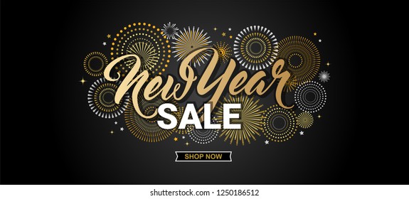 Happy New Year sale banner. vector illustration with Fireworks black Background. Vector Holiday Design for Premium Greeting Card, Party Invitation, web online store or shop promo offer