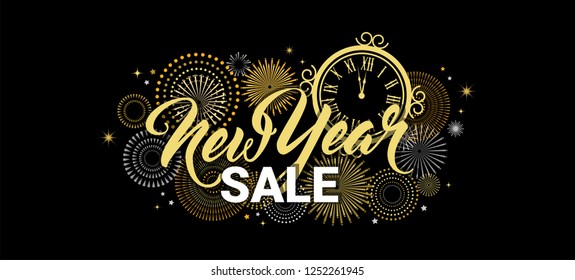 Happy New Year sale banner. vector illustration with Fireworks black Background. Vector Holiday Design for Premium Greeting Card, Party Invitation, web online store or shop promo offer