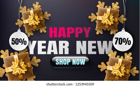 Happy New Year Sale Banner or Promotion Poster. Template for design with paper percent 50% 70% and Gold 3d Snowflake and golden realistic gift box with bow and shiny ribbon, Shop now Button. Vector