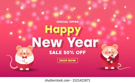 Happy New Year sale banner with cute rats or mice, gold glitter confetti and gifts on a red background. Greeting card, poster or web banner.
