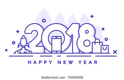 Happy New Year sale banner with blue line art text 2018, shopping bag and smartphone illustration.