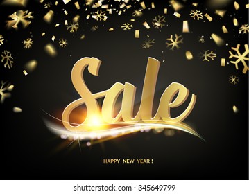 Happy new year Sale card. Gold template over black background with golden sparks. Happy new year 2016. The Sale card. Template for your design. Vector illustration.