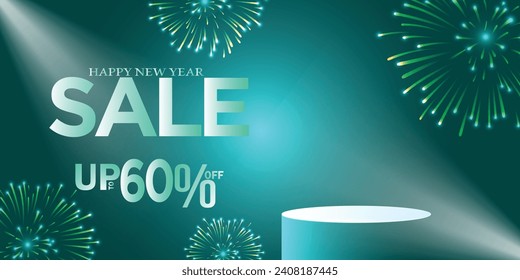 "Happy New Year Sale" Design. Up to 60% Sale Banner Design template for Social Media and Website in Sea Green Theme with Fireworks, Podium, and Lights. Happy Holidays and Christmas. 