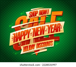 Happy New year sale, holiday discounts vector banner design template with green polka dot backdrop and ribbons