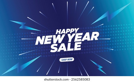 "Happy New Year Sale" Shopping Banner or Poster with a blast Effect on a blue background. New Year sale design for social media posts, website promotions, and Campaigns. EPS File.