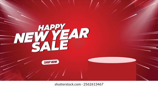 "Happy New Year Sale" Shopping Banner or Poster Design with 3D text and a Blast Effect on a red background. Banner for social media posts, website promotions, and Campaigns. EPS File.