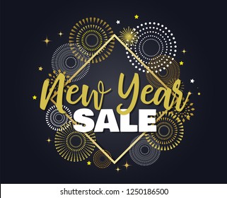 Happy New Year sale . vector illustration with Fireworks black Background. Vector Holiday Design for Premium Greeting Card, Party Invitation, web online store or shop promo offer