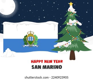 Happy new year in San Marino with Christmas tree and snow, banner or content design idea, San Marino flag with pine tree, new year celebration idea, sky with full moon and stars, vector design