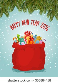 Happy New Year. Santa Big Bag Full Of Presents. Childrens Toys And Festive Box. FIR Branches And Snowfall. Fabulous Red Bag With Gifts. Illustration For Christmas And New Year.
