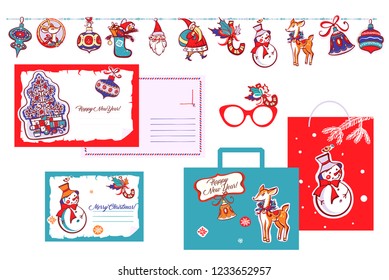 Happy new year. Santa claus, bell, snowflake, deer on garland. Template postcard with open space. Set design image for invitation greeting card, banner, sale, winter party event. Vector illustration.