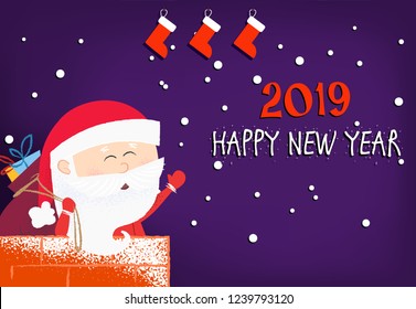 Happy New Year with Santa Claus greeting poster design. Inscription with Santa Claus on purple background with snowflakes and festive socks. Can be used for postcards, invitations, greeting cards