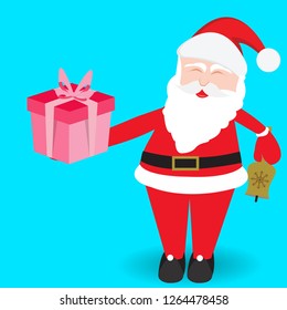 Happy New Year. Santa Claus  holding gift box. Red hat, costume, beard, gift box. Merry Christmas. Cute cartoon, funny character. Blue background. Flat design. Vector illustration - Vector