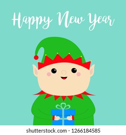 Happy New Year. Santa Claus Elf face holding gift box. Green hat. Merry Christmas. Cute cartoon funny kawaii baby character. Greeting card. Flat design Blue background. Vector illustration
