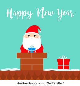 Happy New Year. Santa Claus on the roof chimney. Red hat, costume, beard, belt buckle, bag, gift box. Vector