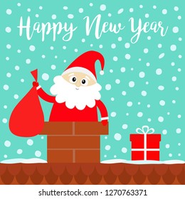 Happy New Year. Santa Claus in the roof chimney holding bag. Red hat, costume, beard, gift box. Merry Christmas. Cute cartoon kawaii funny character. Blue snow background. Flat design. Vector