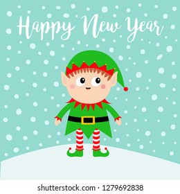 Happy New Year. Santa Claus Elf on snowdrift. Green hat. Merry Christmas. Cute cartoon funny kawaii baby character. Flat design Blue snow background. Vector illustration