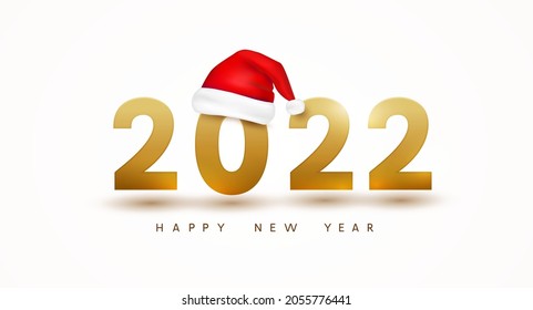 Feliz Año Nuevo y el gorro de Papá Noel. Números dorados 3D con sombrero rojo de Navidad con fondo blanco. Plantilla de diseño de tarjetas de felicitación Gold 2022 para vacaciones