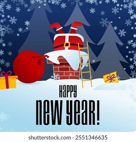 happy new year. Santa Claus dives into the chimney. There are gifts from the bag next to it.  Christmas greeting card. vector illustration.