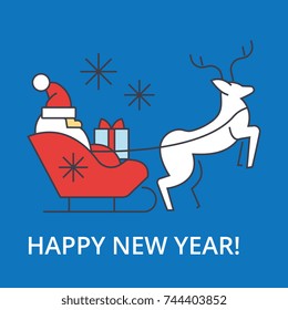 Happy new year   santa claus sleigh illustration, thin line icons, linear flat signs, vector symbols, outline pictograms set, editable strokes