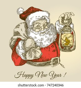 Happy new year. Santa Claus holding a lantern. Vintage card. Engraving style. Vector illustration.